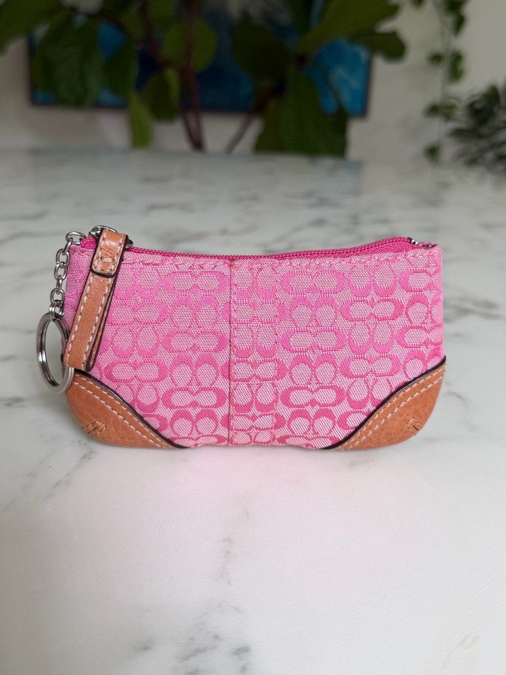 Coach Vintage Y2K Soho Signature Medium Skinny Coin Purse Key Ring Pink Tan